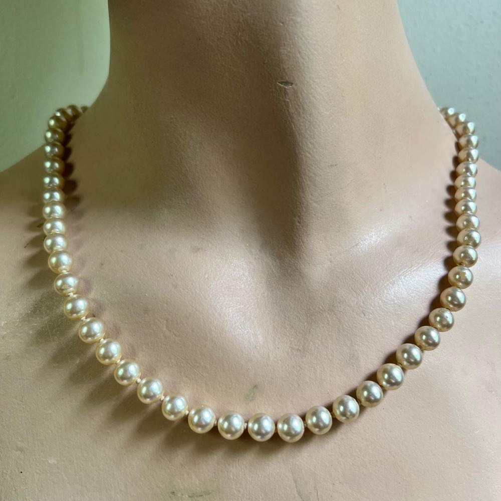 Vintage Cream Faux Pearl Knotted Strand Necklace Rhinestone Clasp Classic 50s
